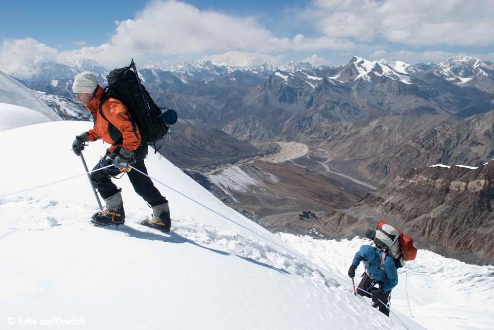 Climbers moving from Camp 1 to Camp 2 on Himlung.